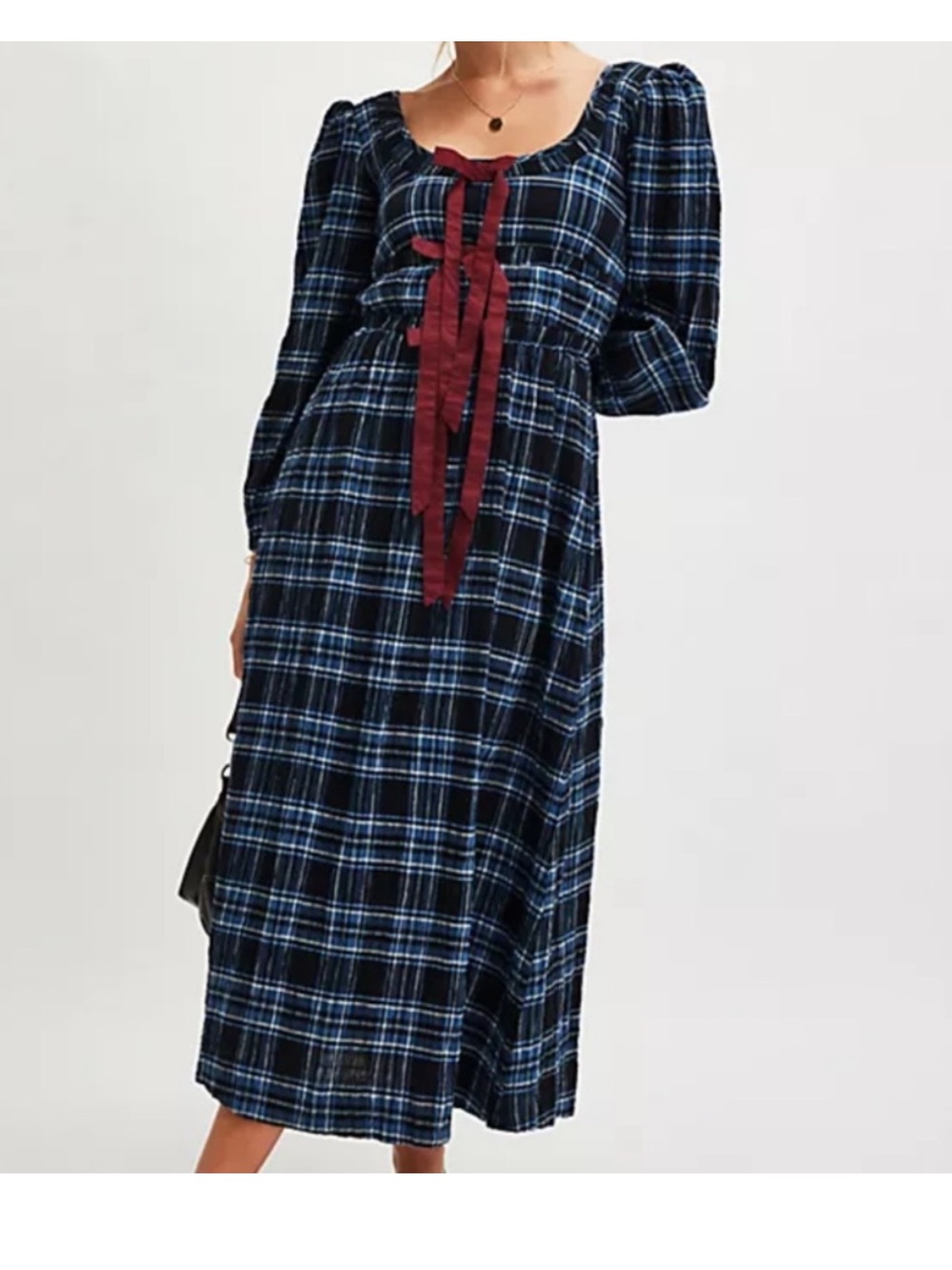 Plaid Midi Dress with Burgundy Tie Detail - Blue
